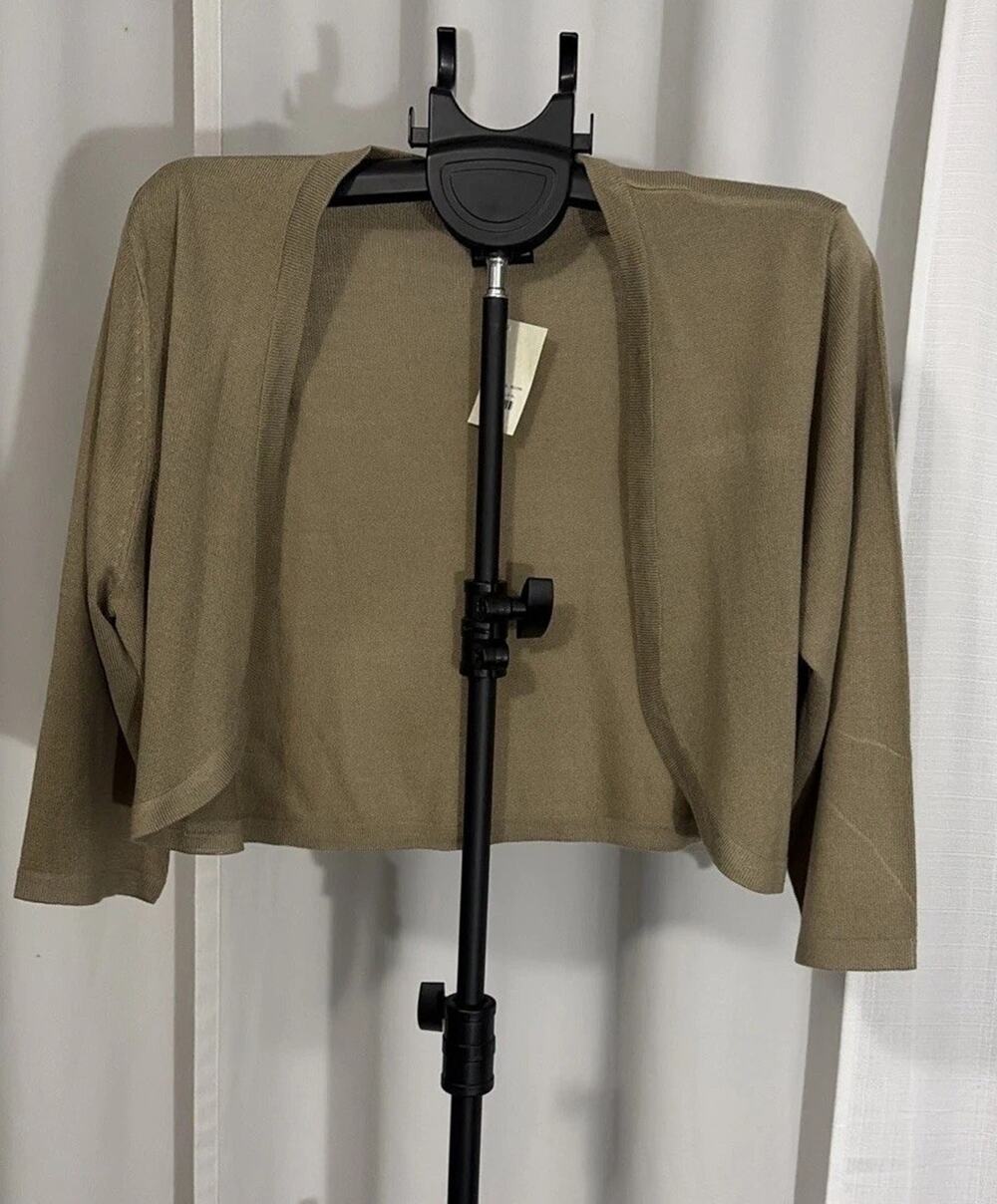 Noelle Cardigan Sweater Women's Large Khaki Cropped Open Front 3/4 Sleeve